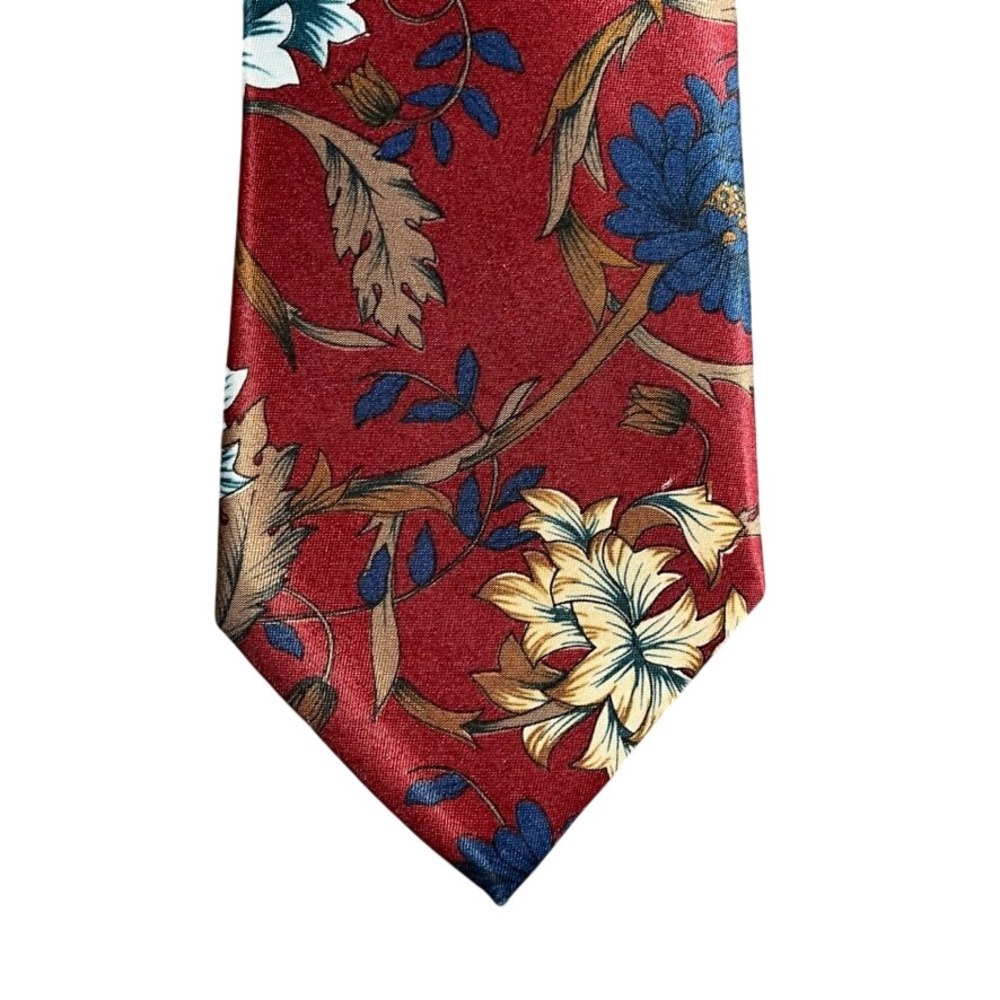 Vintage Floral Burgundy Red Blue Botanical Print Polyester Necktie RN 20170